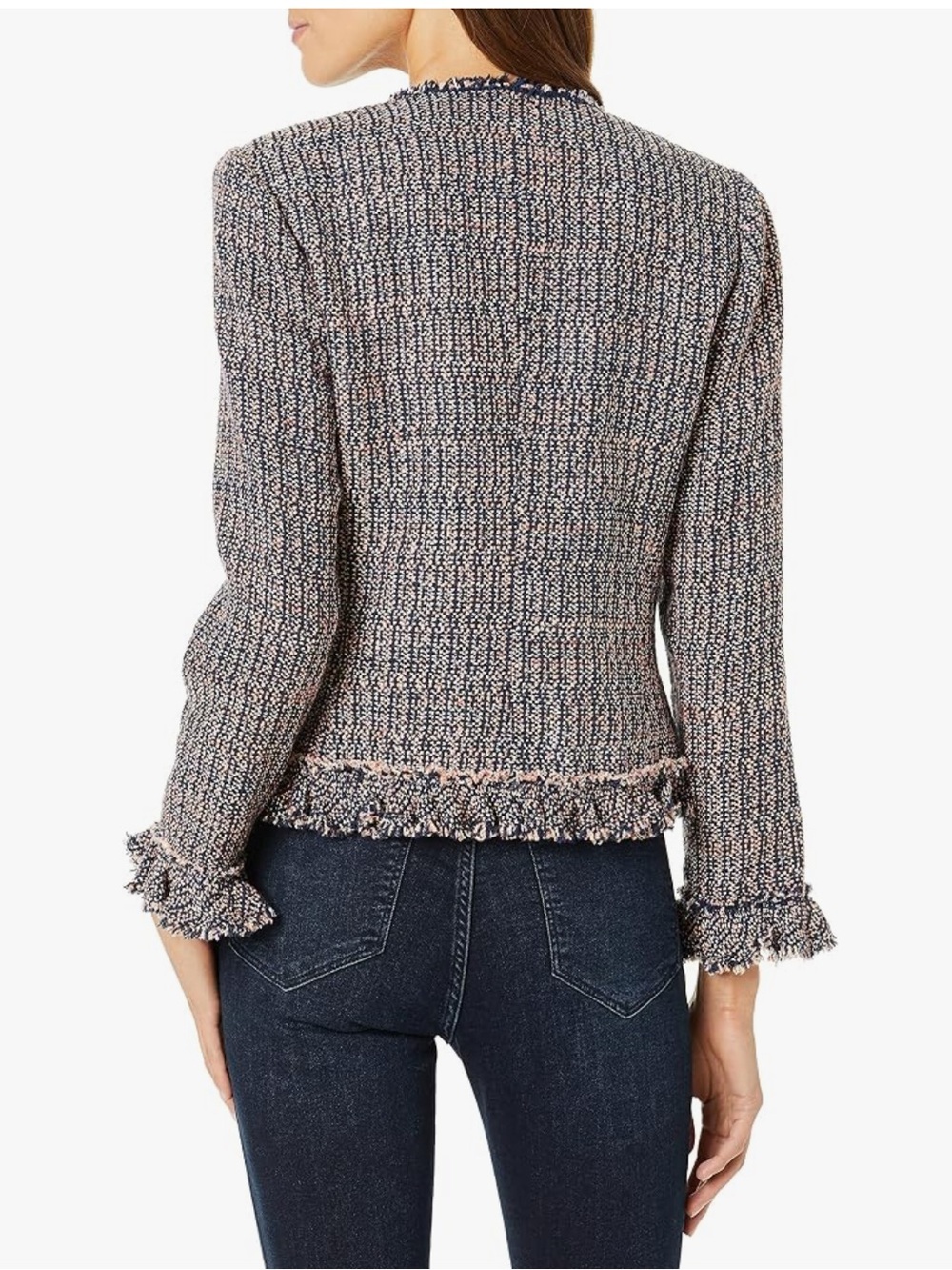 Rebecca Taylor Frayed Fringe Tweed Jacket Pink Navy White Blouse Blazer